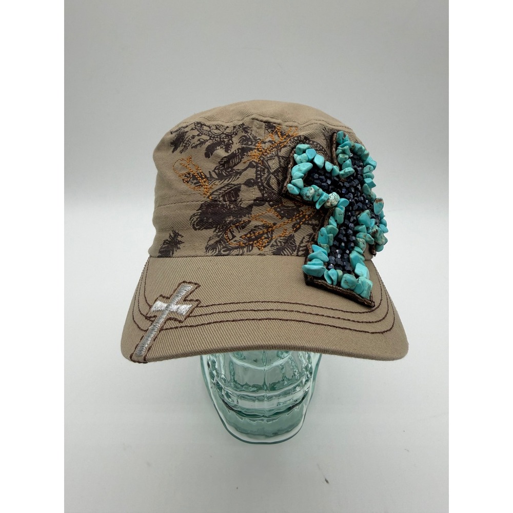 Kbethos Tan Cadet Hat Turquoise Stone Cross Embellished Military Cap Adjustable